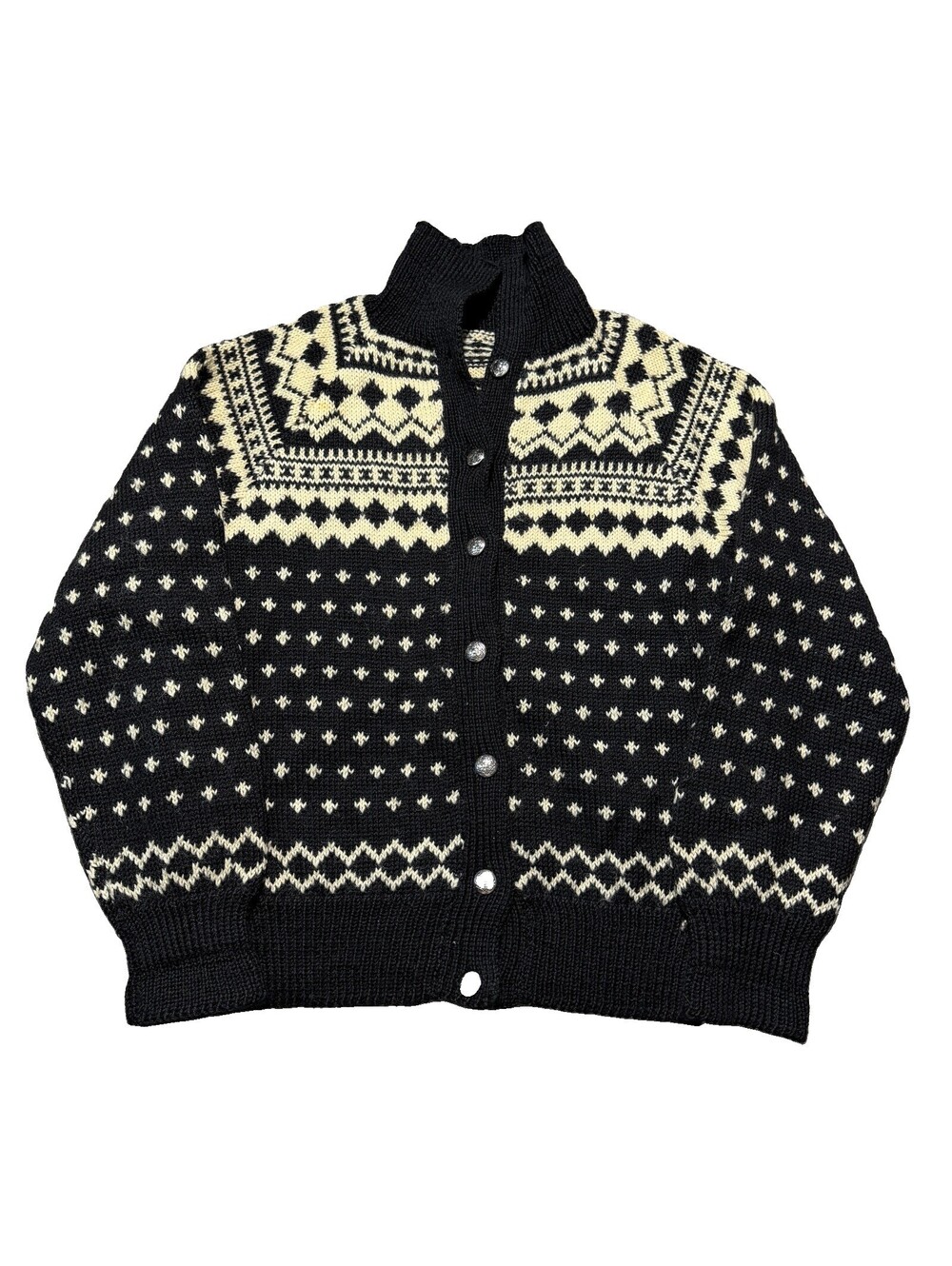 Vintage Handmade Icelandic Knit Cardigan Sweater Faire Isle Black Cream Medium